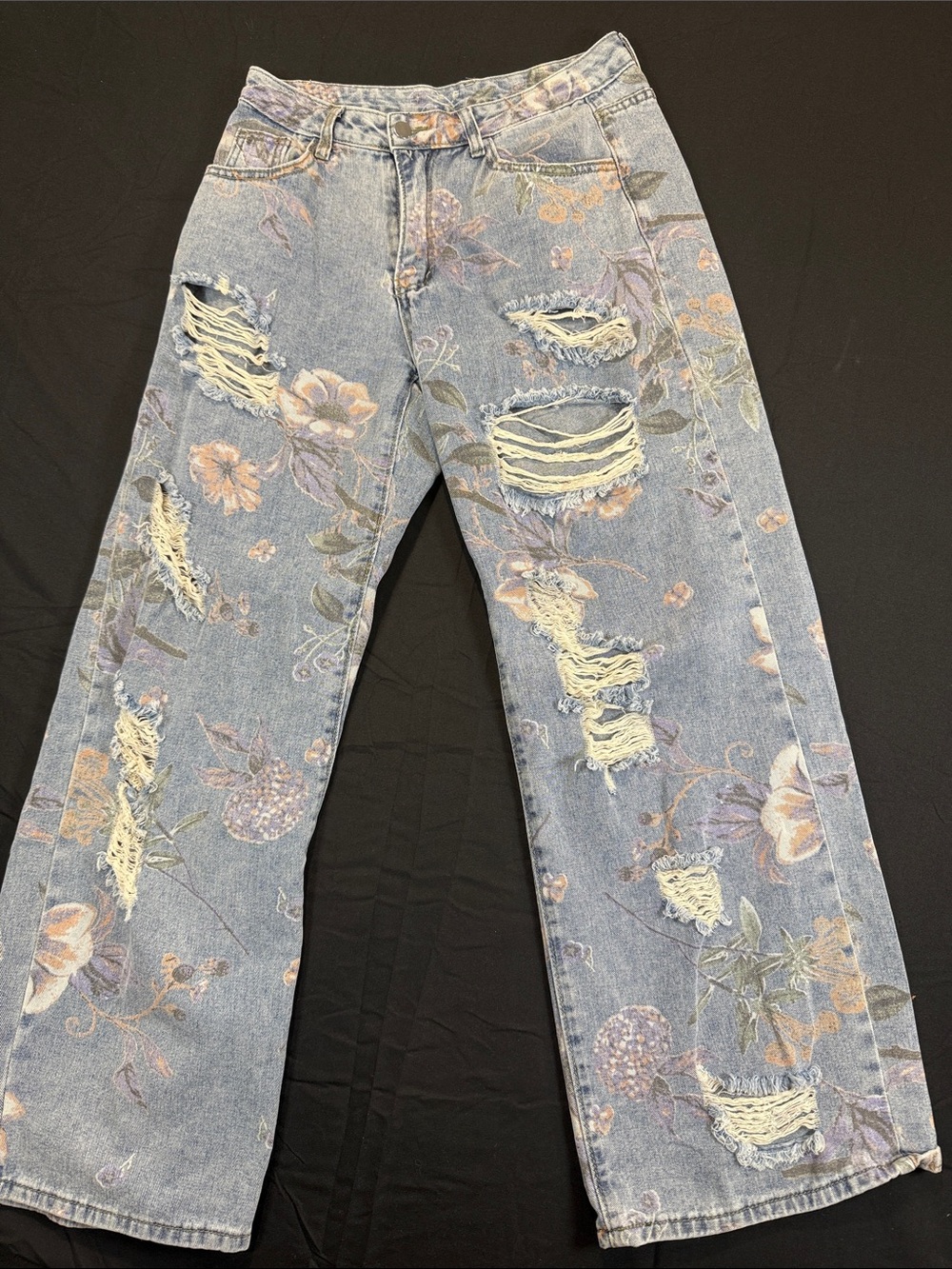 SHEIN Light Blue Floral Distressed Wide-Leg Jeans Size 28 Tall Boho Bohemian